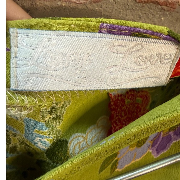 Lucy Love 90's Y2K Green Floral Print Midi Rayon Asian Skirt Waist Ruffle USA - Picture 6 of 8